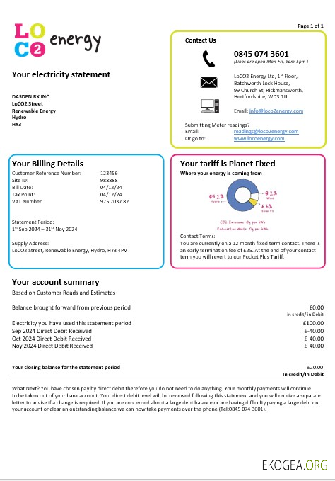 Modèle de facture de services publics pour les entreprises du Royaume Uni LoCO2 Energy aux formats Word et PDF